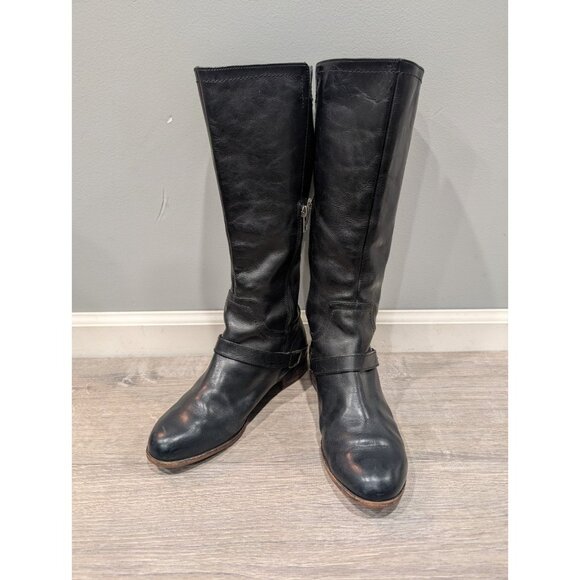 Ugg Channing Riding Boot Leather Black Equestrian Tall Silver Heel Strap Sz 9.5 - Picture 1 of 16